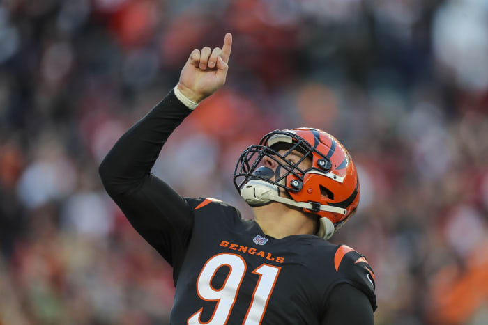 Dec 12, 2021; Cincinnati, Ohio, USA; Cincinnati Bengals defensive end Trey Hendrickson (91) reacts after sacking San Francisco 49ers quarterback Jimmy Garoppolo (not pictured) in the first half at Paul Brown Stadium. Mandatory Credit: Katie Stratman-USA TODAY Sports